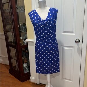 🏖️ Ann Taylor Blue Ruched Polka Dot Dress, Size M